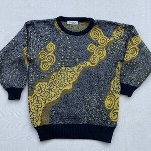 vintage 80's sweater abstract design, silver gold - size M